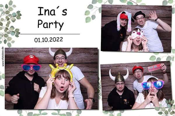 Fotobox-Collage mit Accessoires bei Ina’s Party im Hotel Schloss Lichtenwalde Fotobox für Feier im Hotel Schloss Lichtenwalde mit witzigen Accessoires in Collagenansicht