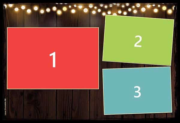 Kreatives Design für Fotobox-Ausdrucke mit Lichterkette und strukturierter Holzoptik – ideal für Hochzeiten. Moderne Fotobox Layouts mit drei Bildern auf rustikalem Holz-Hintergrund