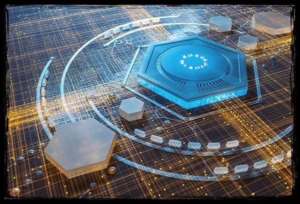 Technische Power: So überzeugt der Fotobox Anbieter Sachsen mit Leistung Abstraktes Technikbild mit blauen Hexagonen – symbolisiert die Leistung vom Fotobox Anbieter in Sachsen.