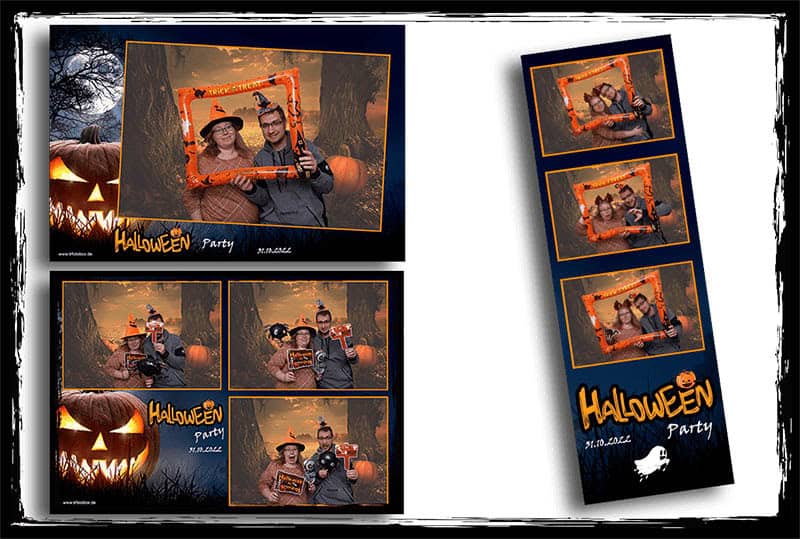 Spukiges Layout für deine Fotobox – ideal für Halloween-Events mit Collage- und Streifen-Design. Gruselige Fotobox Layouts im Halloween-Stil mit Collage und Streifen