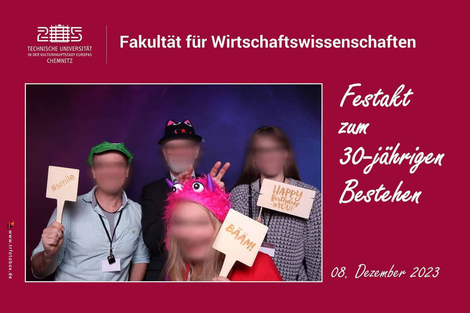 Erinnerungs-Collage des Jubiläums der TU Chemnitz Fotobox-Collage mit Gästen beim 30-jährigen Jubiläum der Fakultät für Wirtschaftswissenschaften an der TU Chemnitz