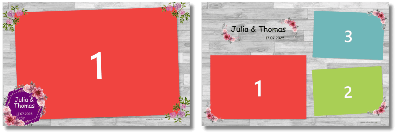 Fotobox-Vorlage mit floralem Design und nummerierten Foto-Slots für Hochzeiten und Events. Fotobox mieten Hochzeit Chemnitz.