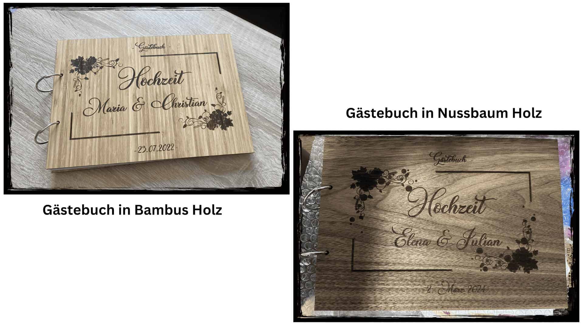 Fotobox Gästebuch aus Holz mit individueller Gravur Fotobox Gästebuch mit graviertem Holzcover – Bambus oder Nussbaum