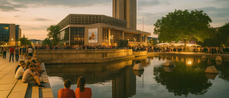 Menschenmenge vor der Stadthalle Chemnitz am Abend – Impression zur Kulturhauptstadt Europas 2025