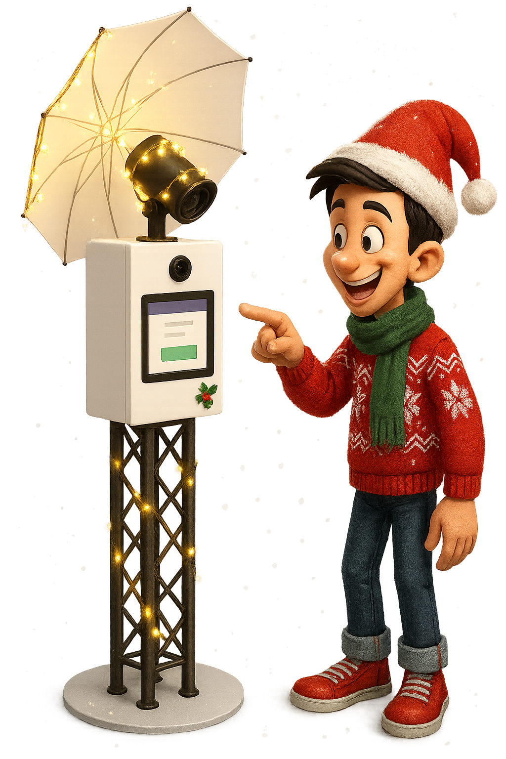 TR Fotobox im Weihnachts-Setup mit Studiolicht und Druck – ideal für Firmen-Weihnachtsfeiern in Chemnitz.