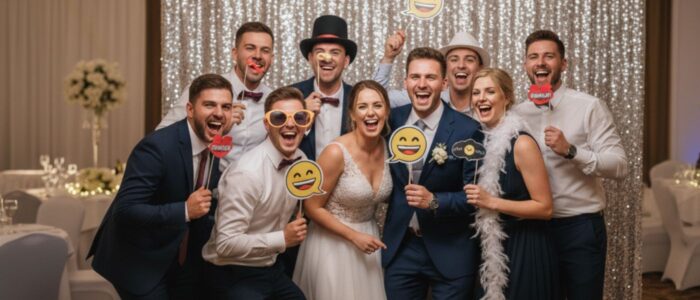 Gruppe von Hochzeitsgästen mit Braut und Bräutigam posiert fröhlich in der Fotobox Hochzeit Chemnitz mit lustigen Requisiten.