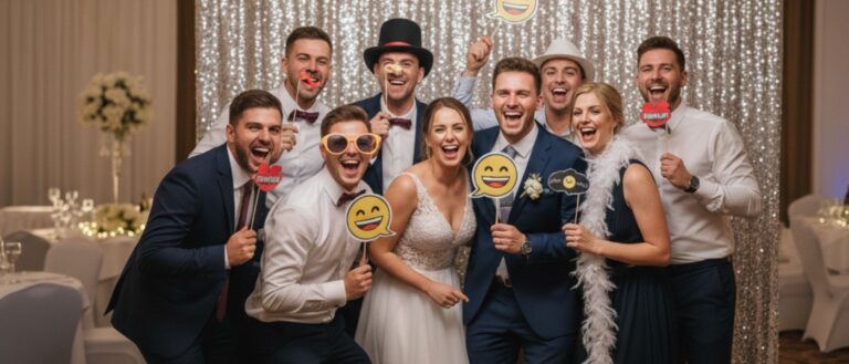 Gruppe von Hochzeitsgästen mit Braut und Bräutigam posiert fröhlich in der Fotobox Hochzeit Chemnitz mit lustigen Requisiten.