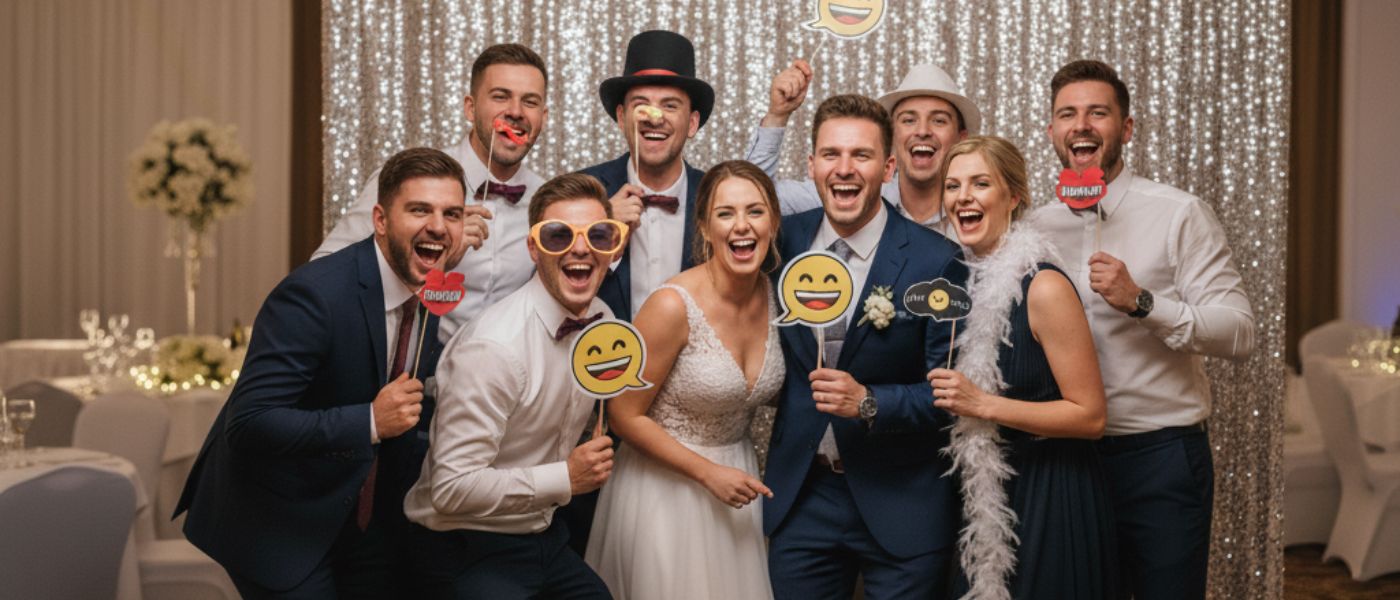 Gruppe von Hochzeitsgästen mit Braut und Bräutigam posiert fröhlich in der Fotobox Hochzeit Chemnitz mit lustigen Requisiten.