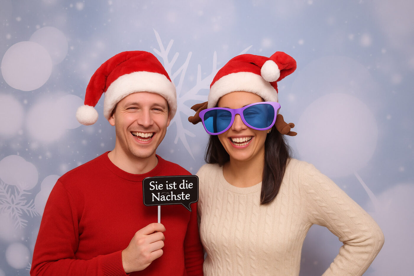 Zwei Gäste mit Weihnachtsmützen und Accessoires in der Fotobox auf einer Weihnachtsfeier in Chemnitz