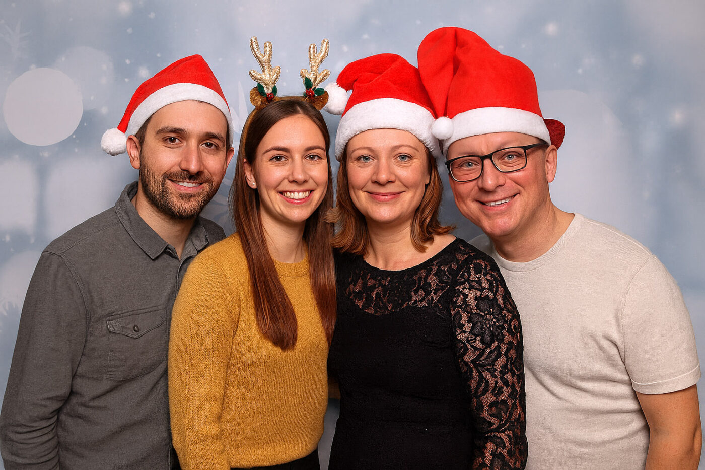 Vier Gäste mit Weihnachtsmützen und Rentiergeweih posieren in der Fotobox auf einer Weihnachtsfeier in Chemnitz