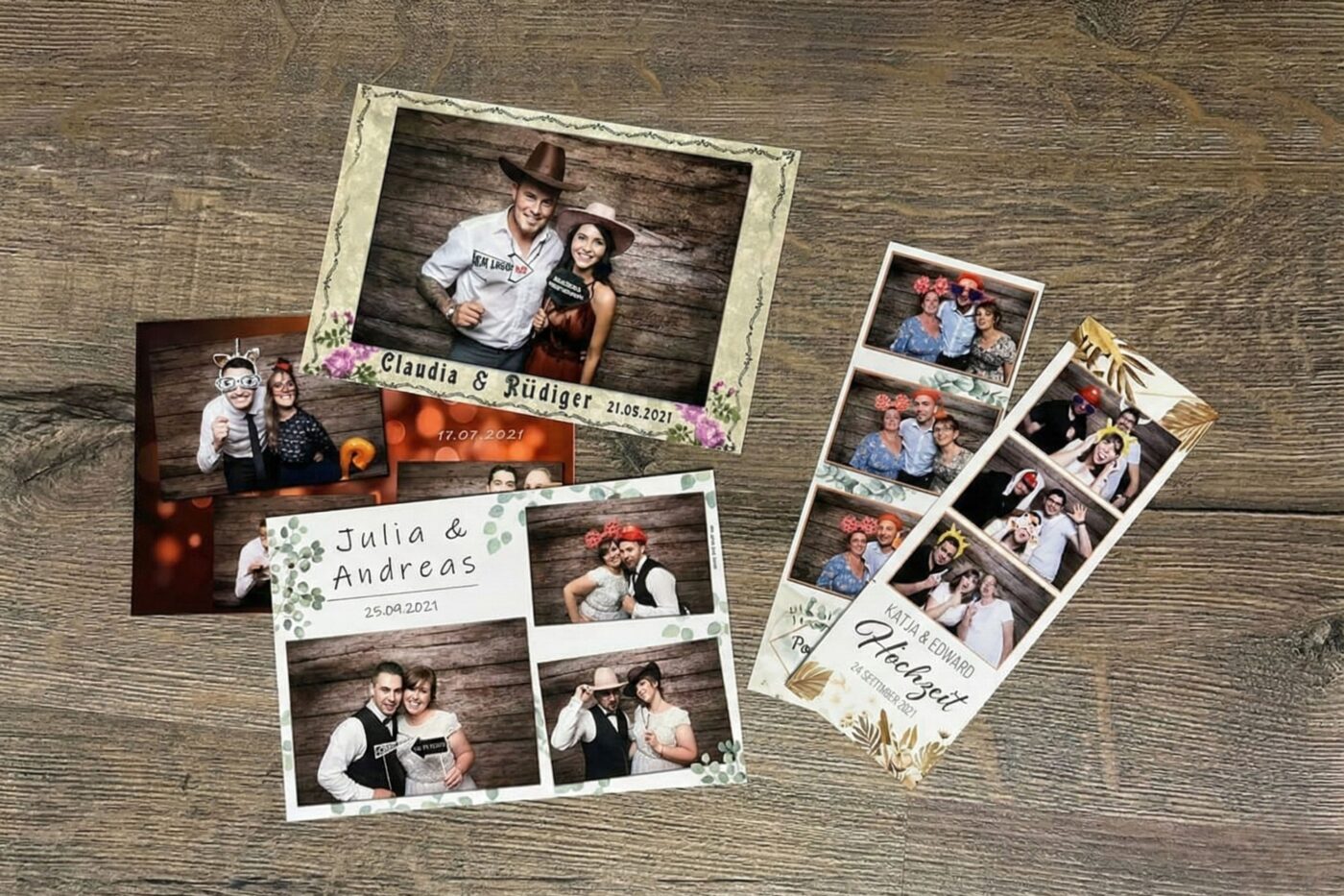 Individuelle Drucklayouts für den Fotobox Verleih in Chemnitz mit Namen und Datum für Hochzeiten und Events