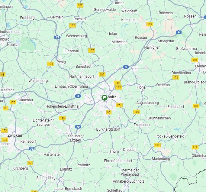 Radar-Karte des Liefergebiets für Fotoboxen in Sachsen inklusive Chemnitz und Zwickau