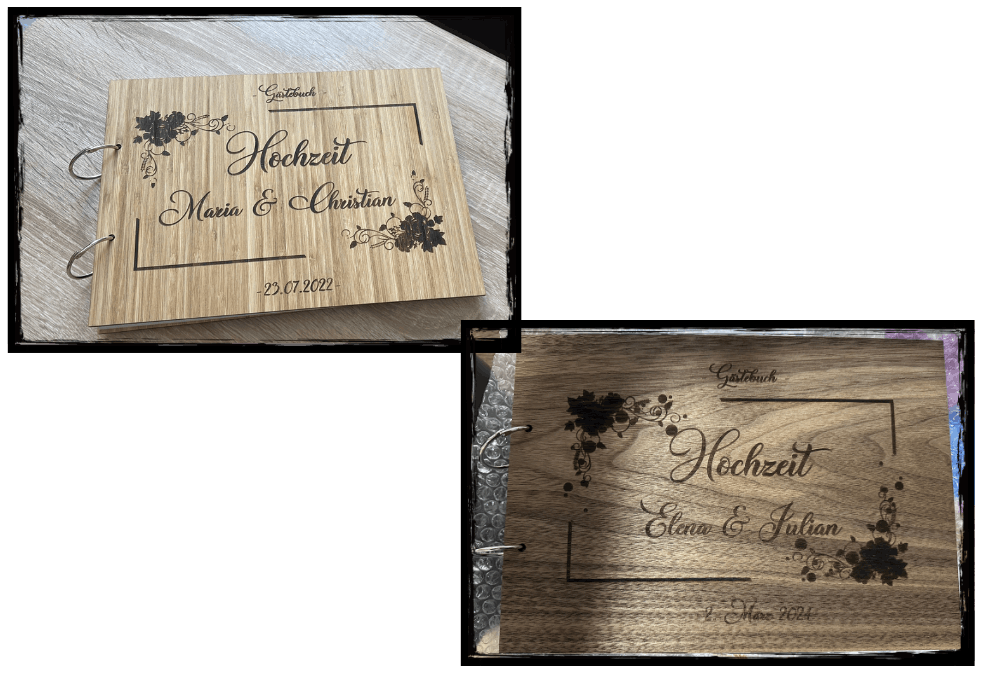 Zwei personalisierte Gästebücher aus Holz (Bambus und Nussbaum)