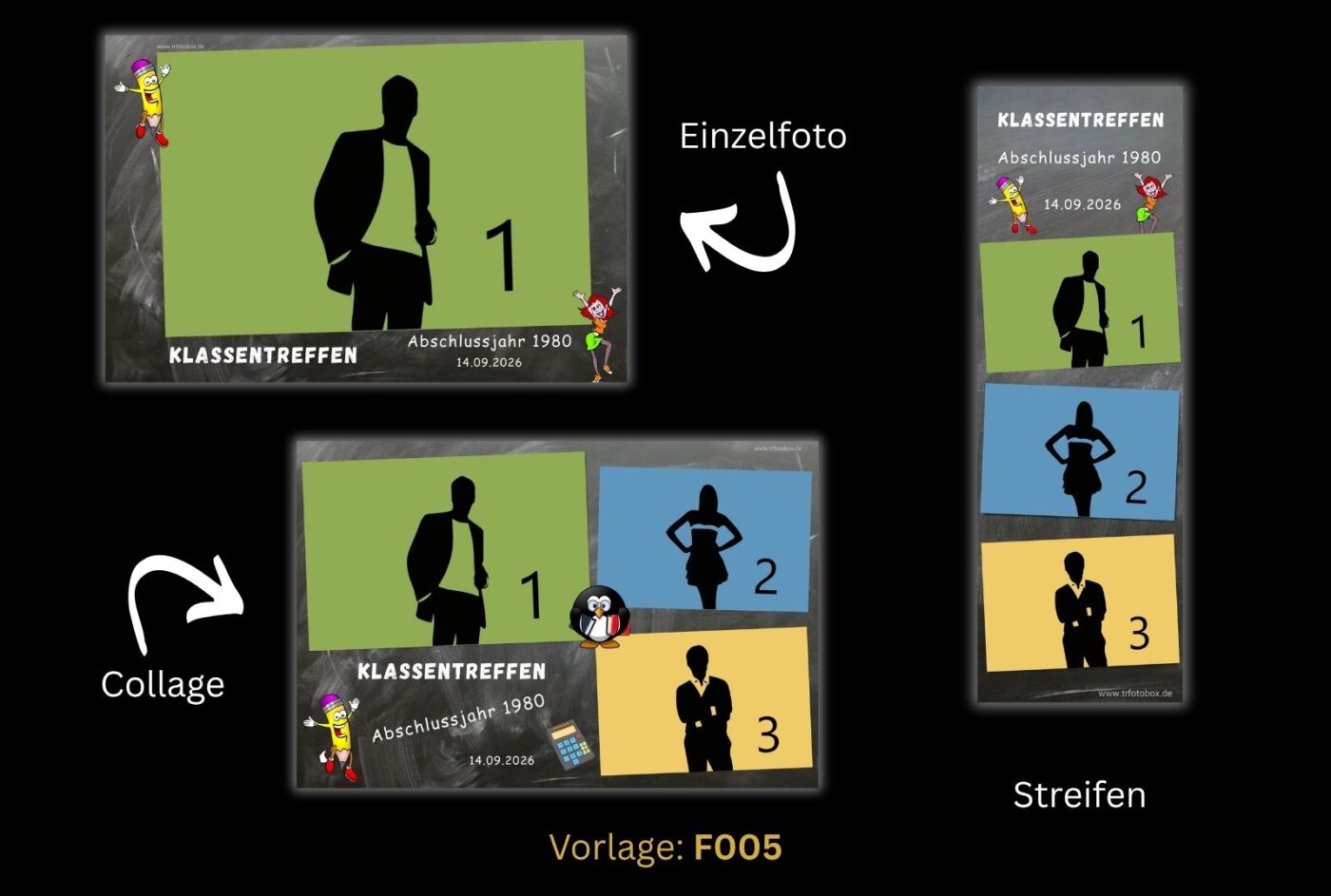 Fotobox Vorlage F005 Klassentreffen Tafel Design Fotobox Template F005 im Schultafel-Look für Klassentreffen inklusive witziger Illustrationen für Fotobox-Collagen und Streifen.