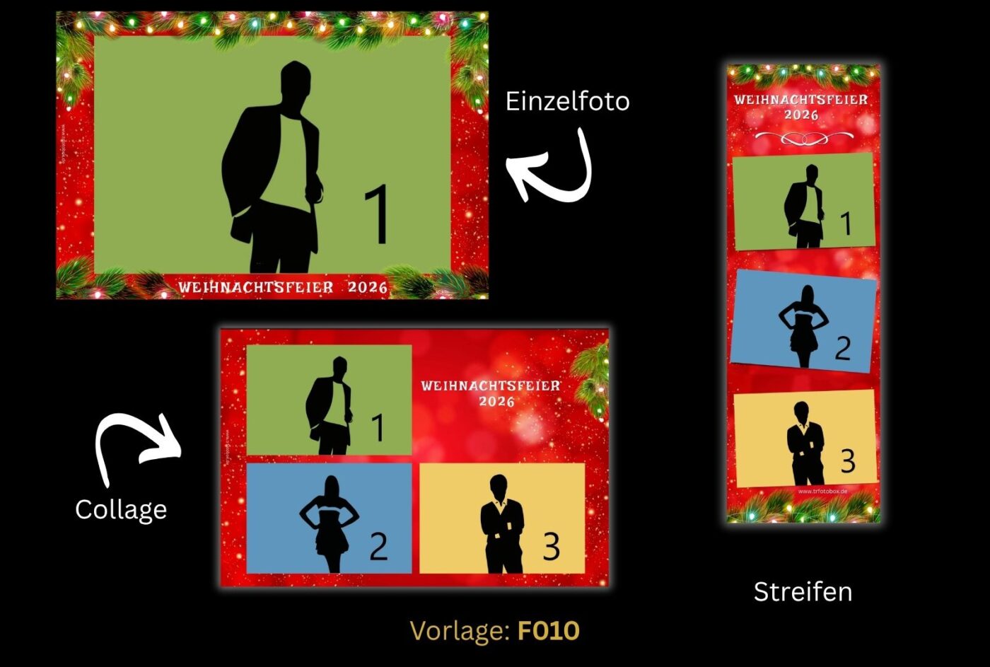 Fotobox Vorlage F010 Weihnachtsfeier Tanne Design Fotobox Template F010 für Weihnachtsfeiern mit Tannenzweig-Rahmen für individuelle Fotobox-Collagen und witzige Fotostreifen.
