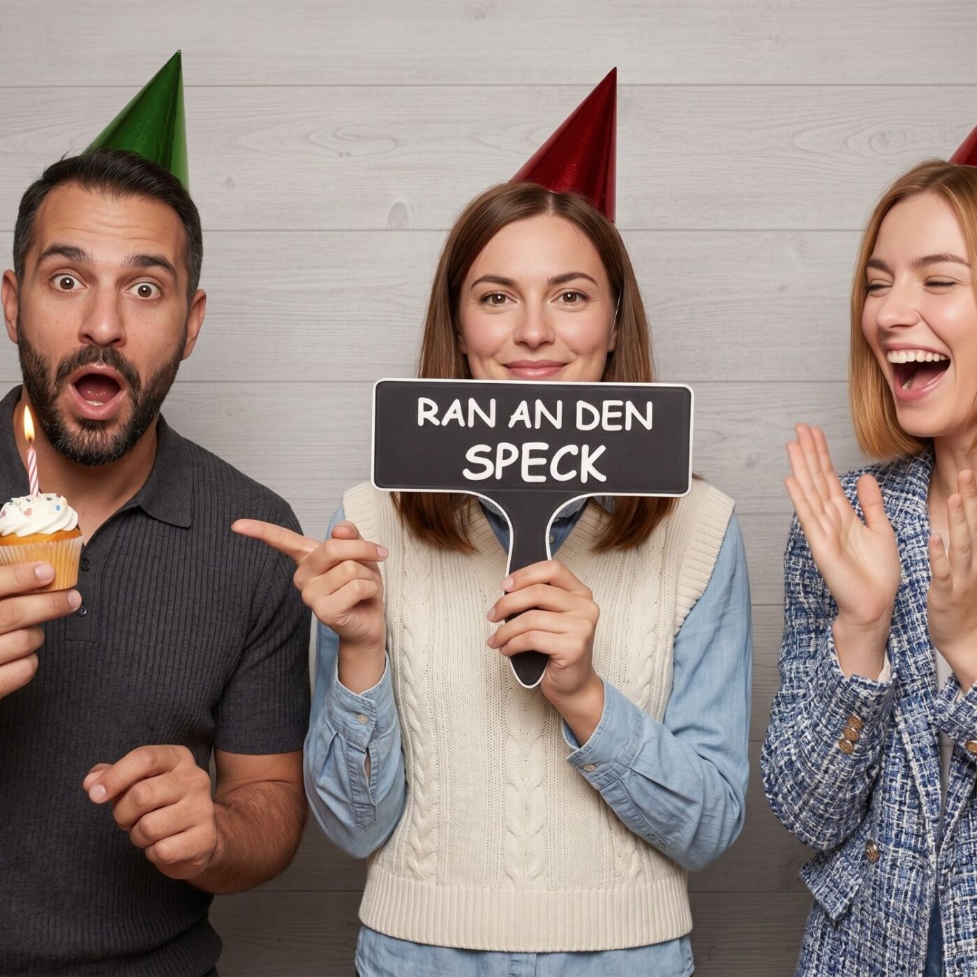 Gäste halten ein Fotobox-Schild mit dem lustigen Aufdruck Ran an den Speck