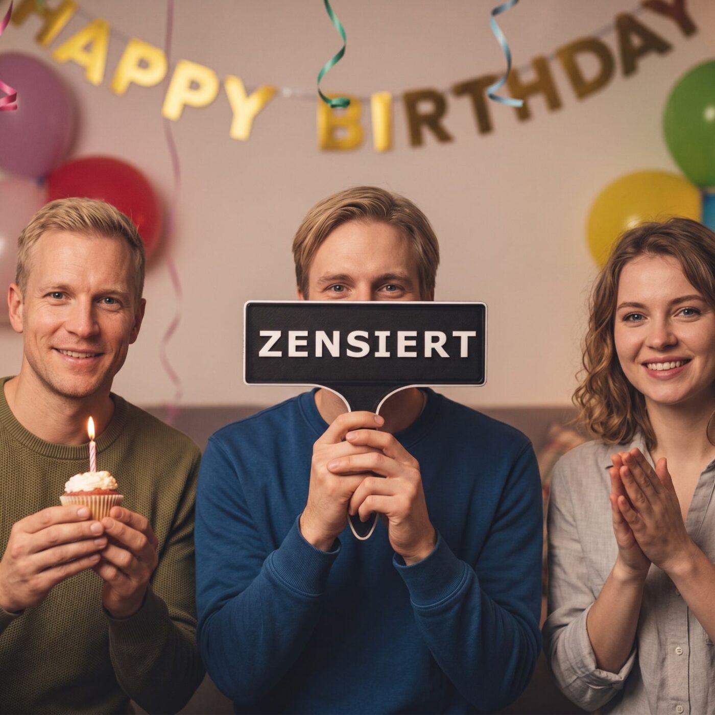 Drei Personen halten ein Fotobox-Schild mit der Aufschrift Zensiert