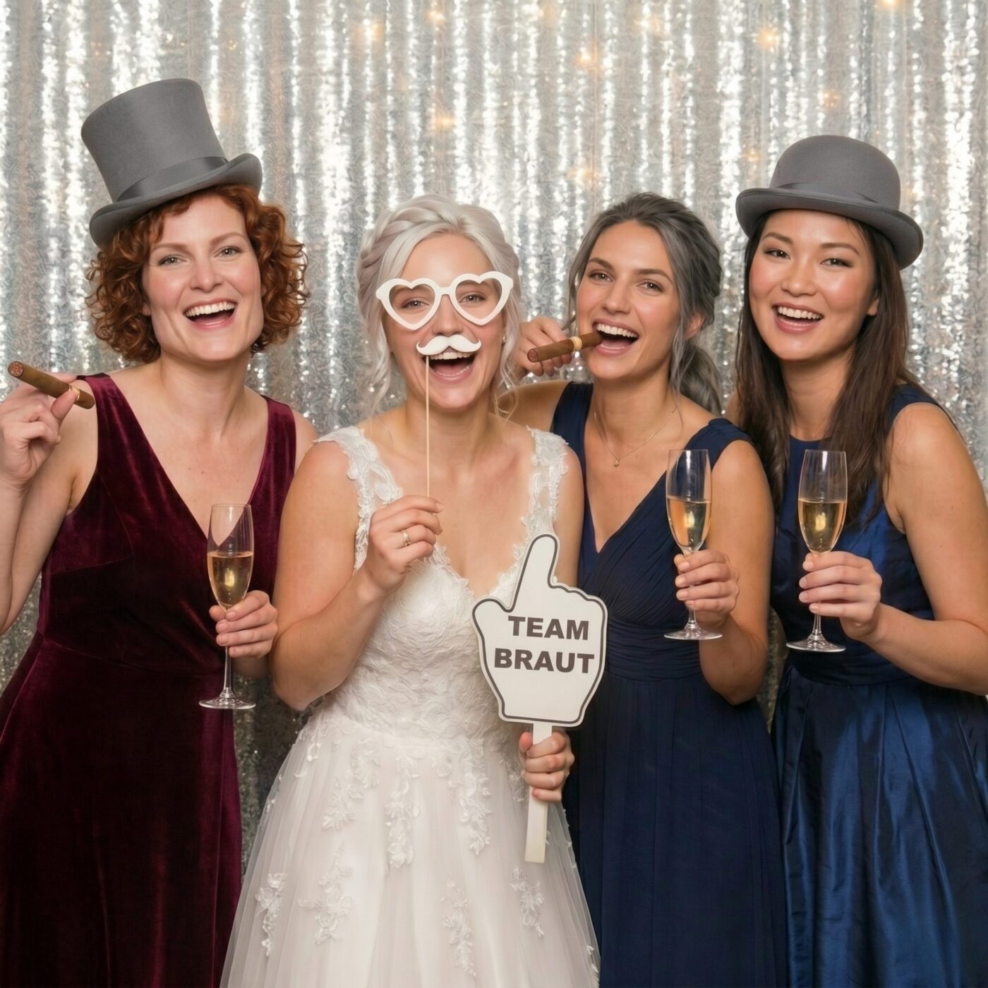 Gruppe von Frauen mit Fotobox props Hochzeit Pappe Team Braut Schild bei einer Hochzeitsfeier