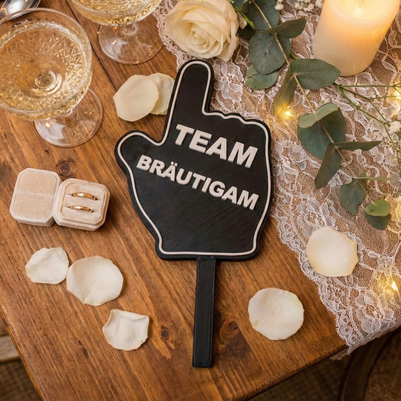 Handgehaltenes Team Bräutigam Schild als Fotobox Props Hochzeit Zubehör neben goldenen Eheringen