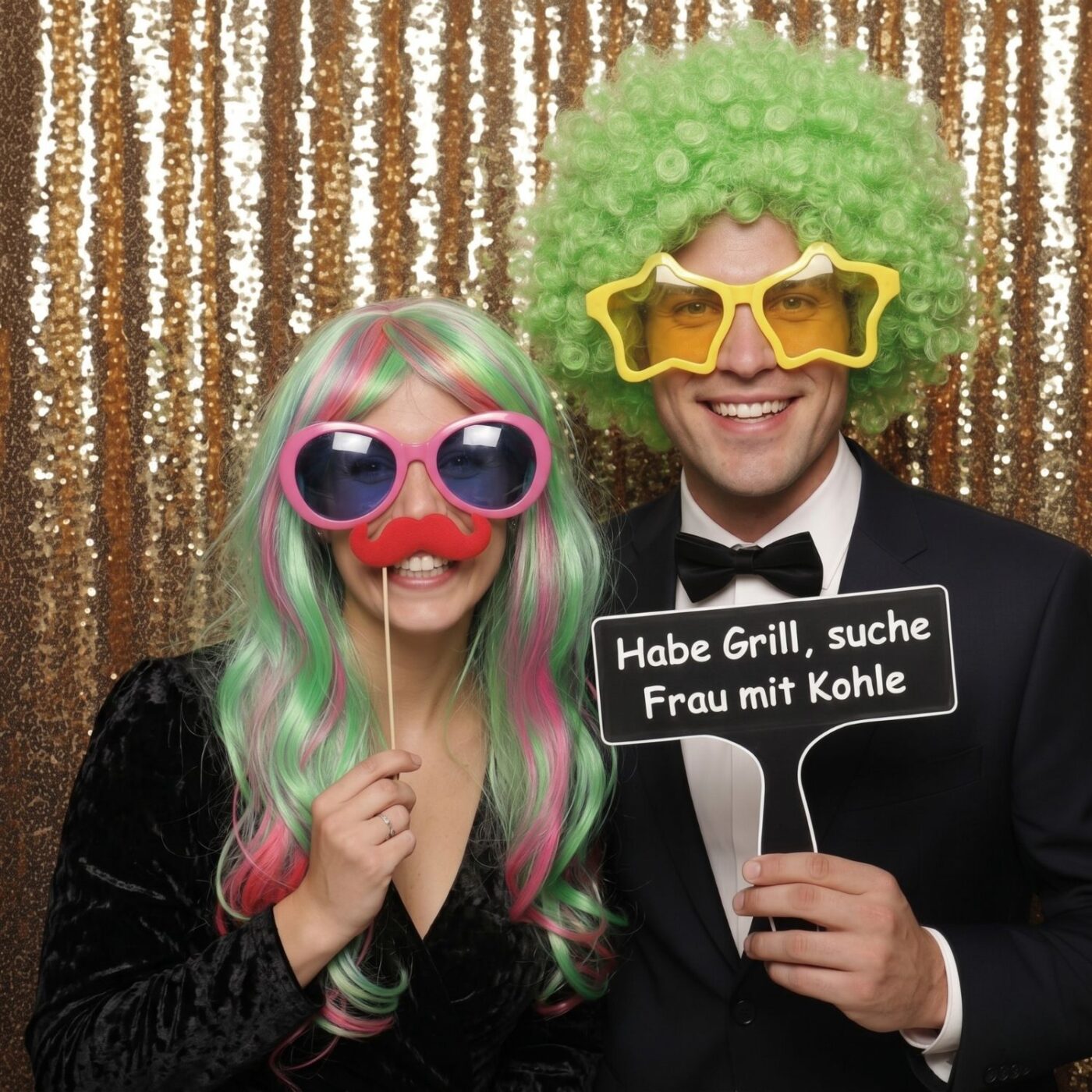 Model zeigt ein schwarzes Fotobooth-Schild mit dem Text Habe Grill suche Frau mit Kohle
