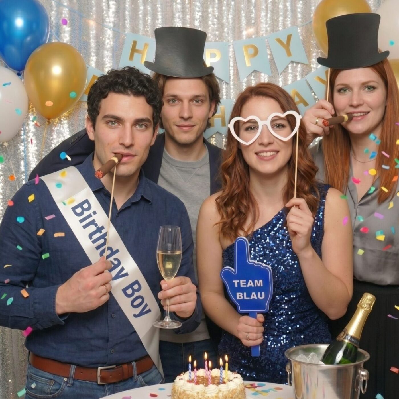 Frau hält blaues Team Blau Hand-Schild in einer Fotobox bei einer Geburtstagsfeier