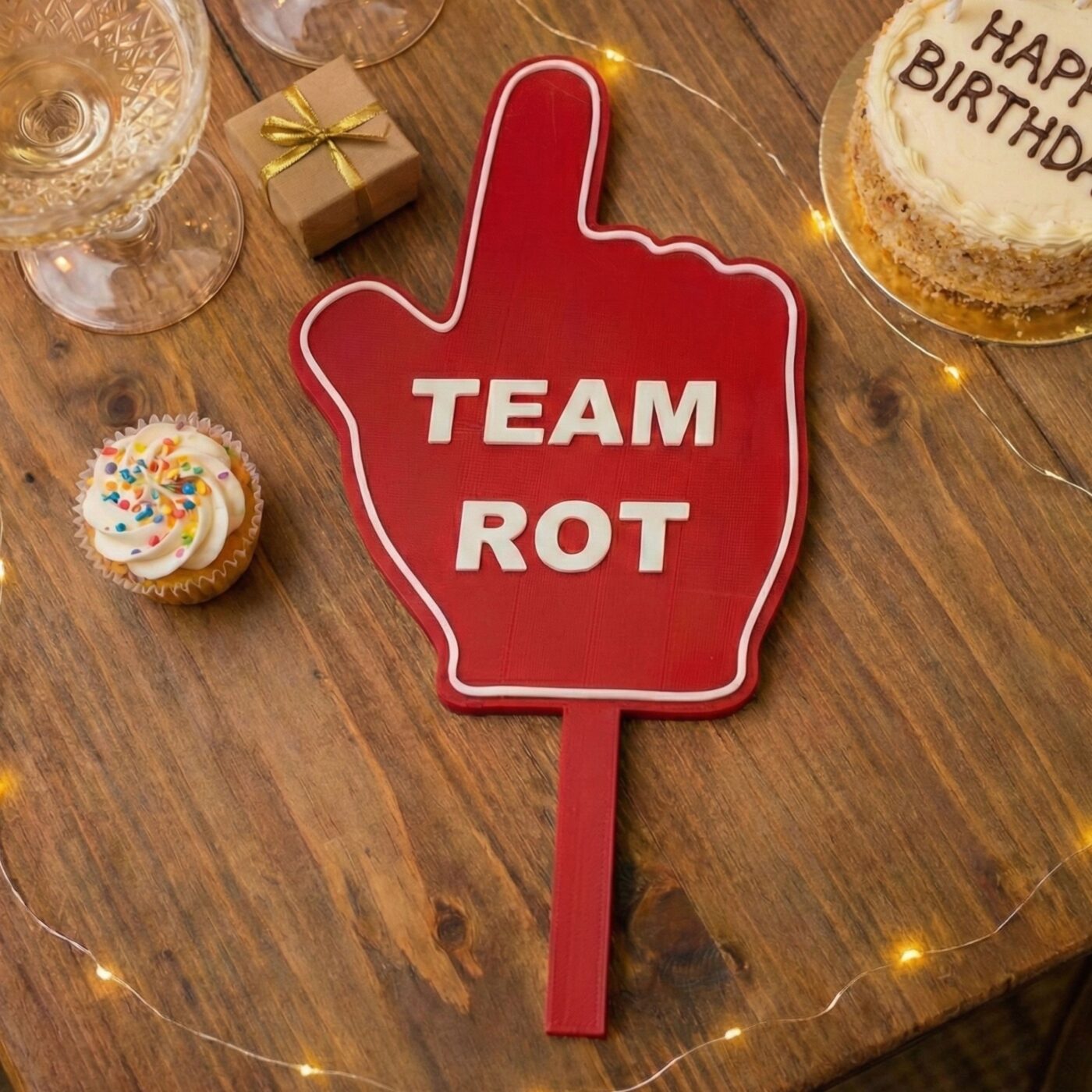 Rotes Hand-Schild mit Aufschrift Team Rot als Fotobox Requisite