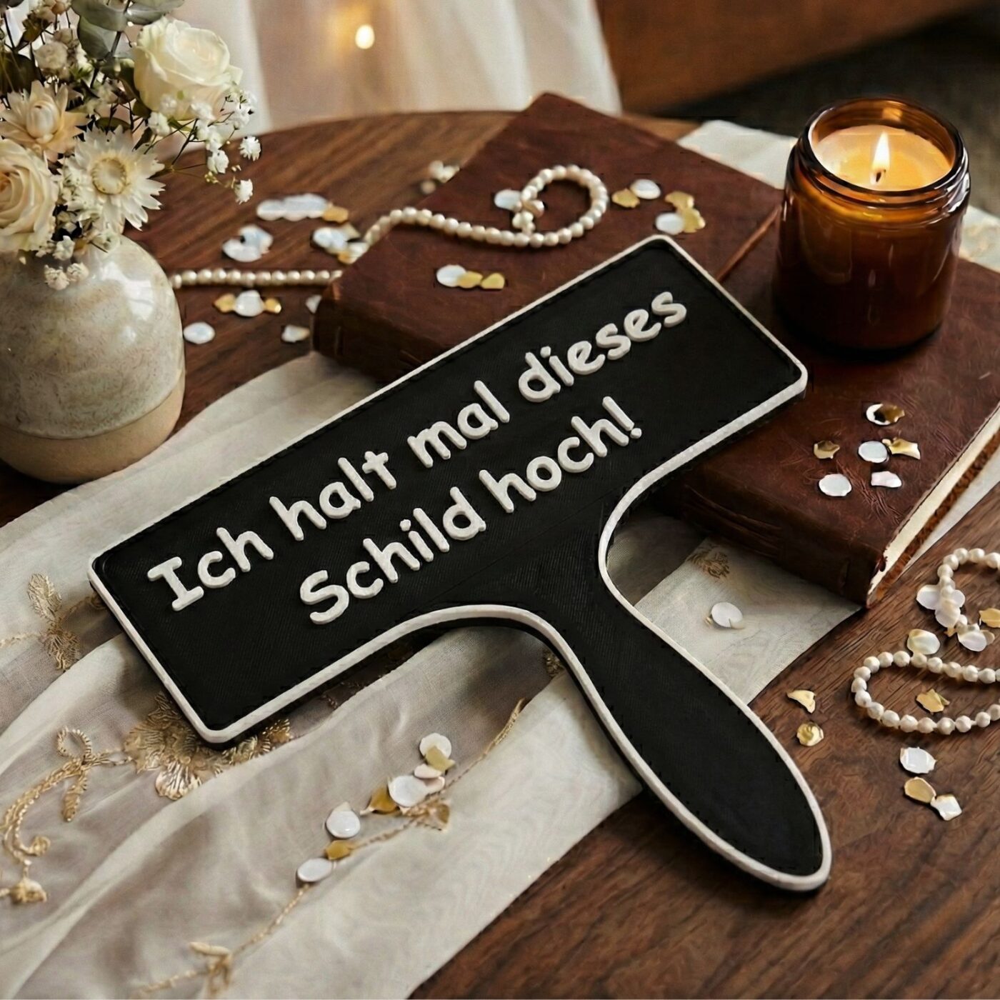 Schwarzes Kunststoffschild mit dem weißen Schriftzug Ich halte mal dieses Schild hoch