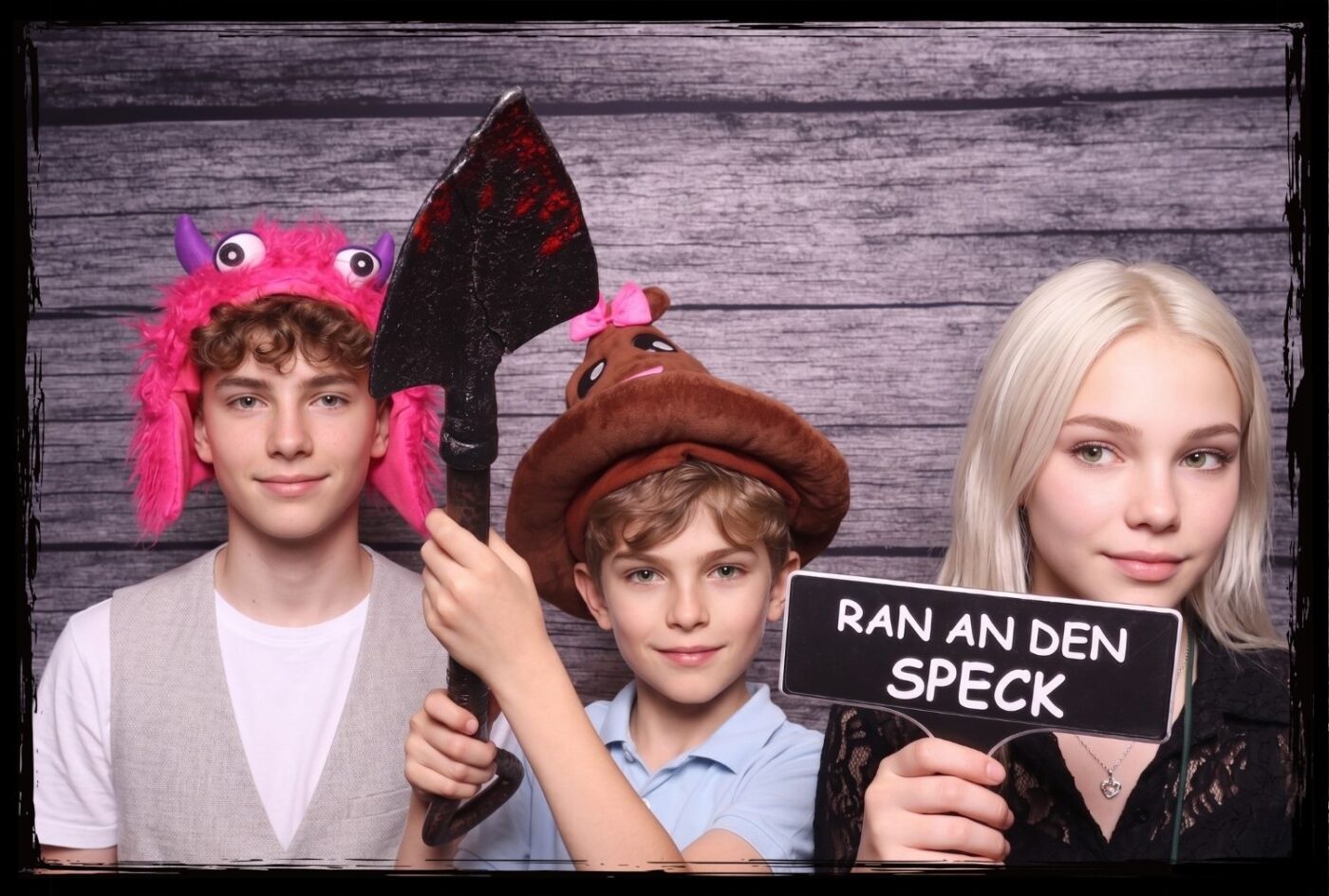 Fotobox Schilder Requisiten für jeden Anlass Kinder mit Party-Hüten posieren mit Fotobox Schild Ran an den Speck