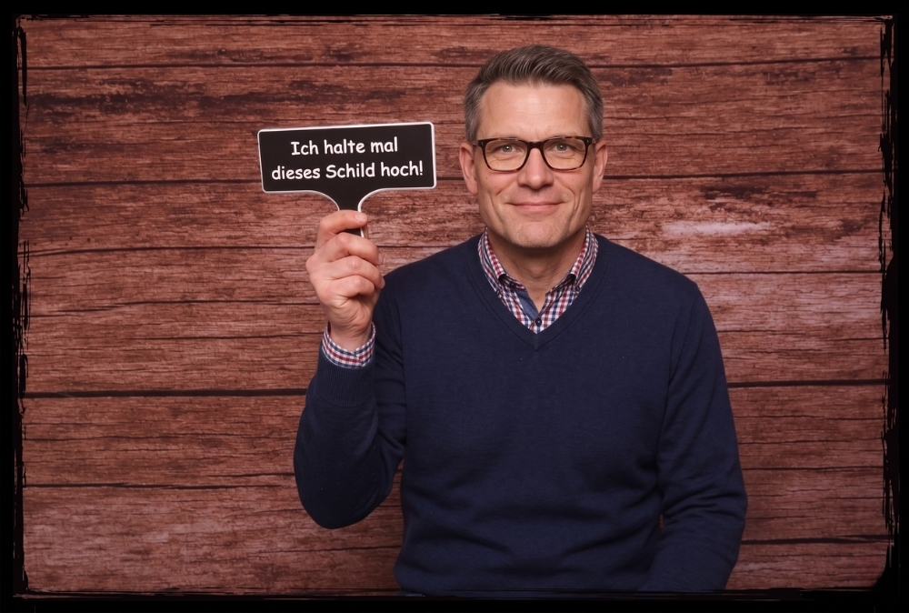 Mann hält ein lustiges 3D-Druck Fotobox Schild hoch