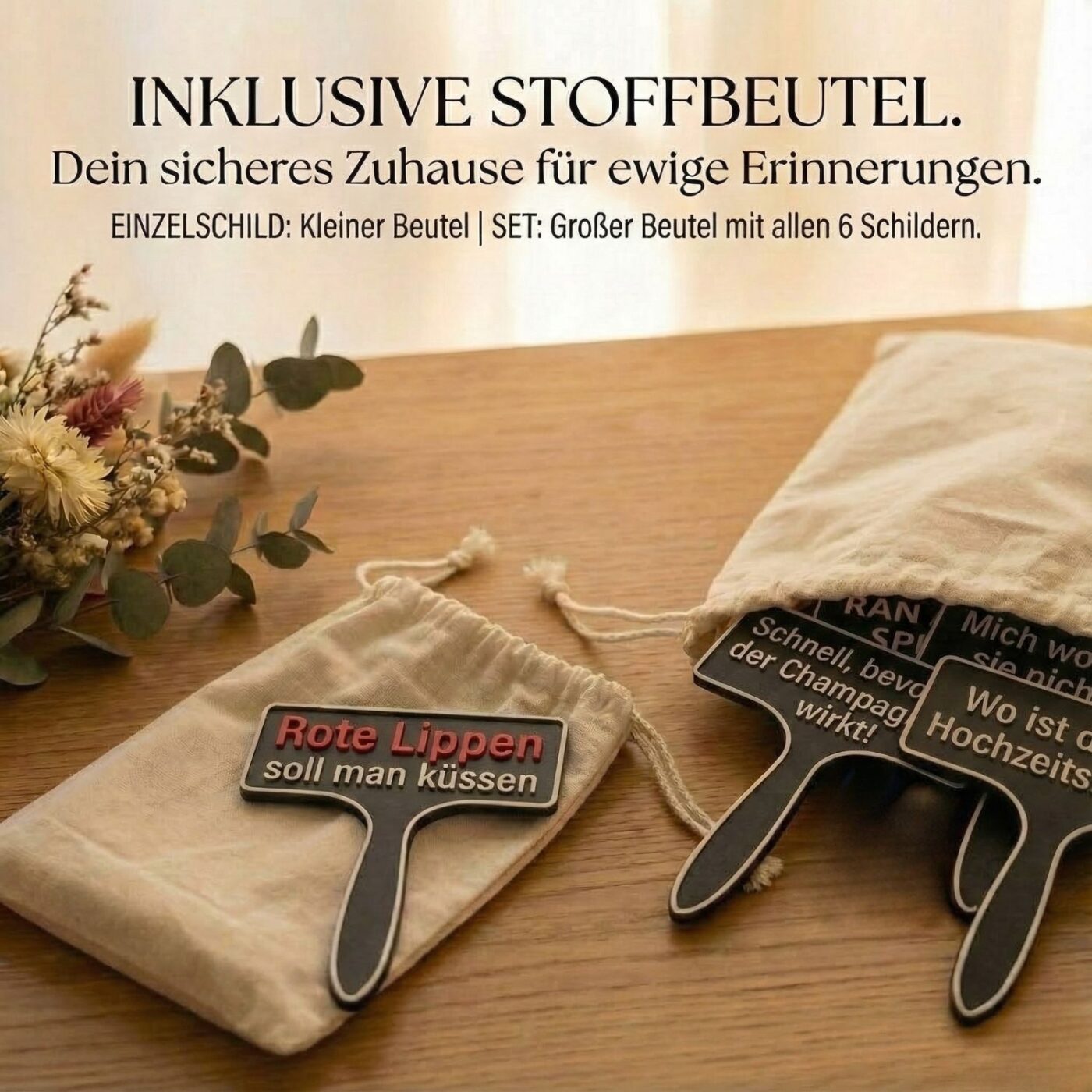 Praktischer und edler Stoffbeutel für deine Fotobox-Requisiten Hochwertiger Stoffbeutel in Leinen-Optik für Fotobox-Schilder