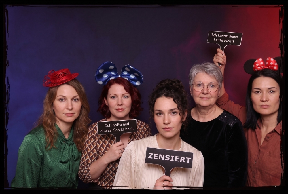 Gruppe hält verschiedene 3D-gedruckte Schilder in die Kamera