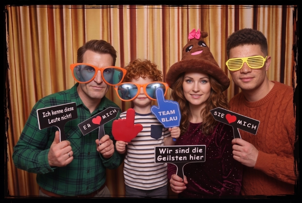 Familie mit lustigen Accessoires und 3D-gedruckten Fotobox Schildern