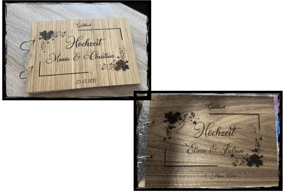 Zwei hochwertige Gästebücher aus Echtholz (Bambus und Nussbaum) für die Fotobox