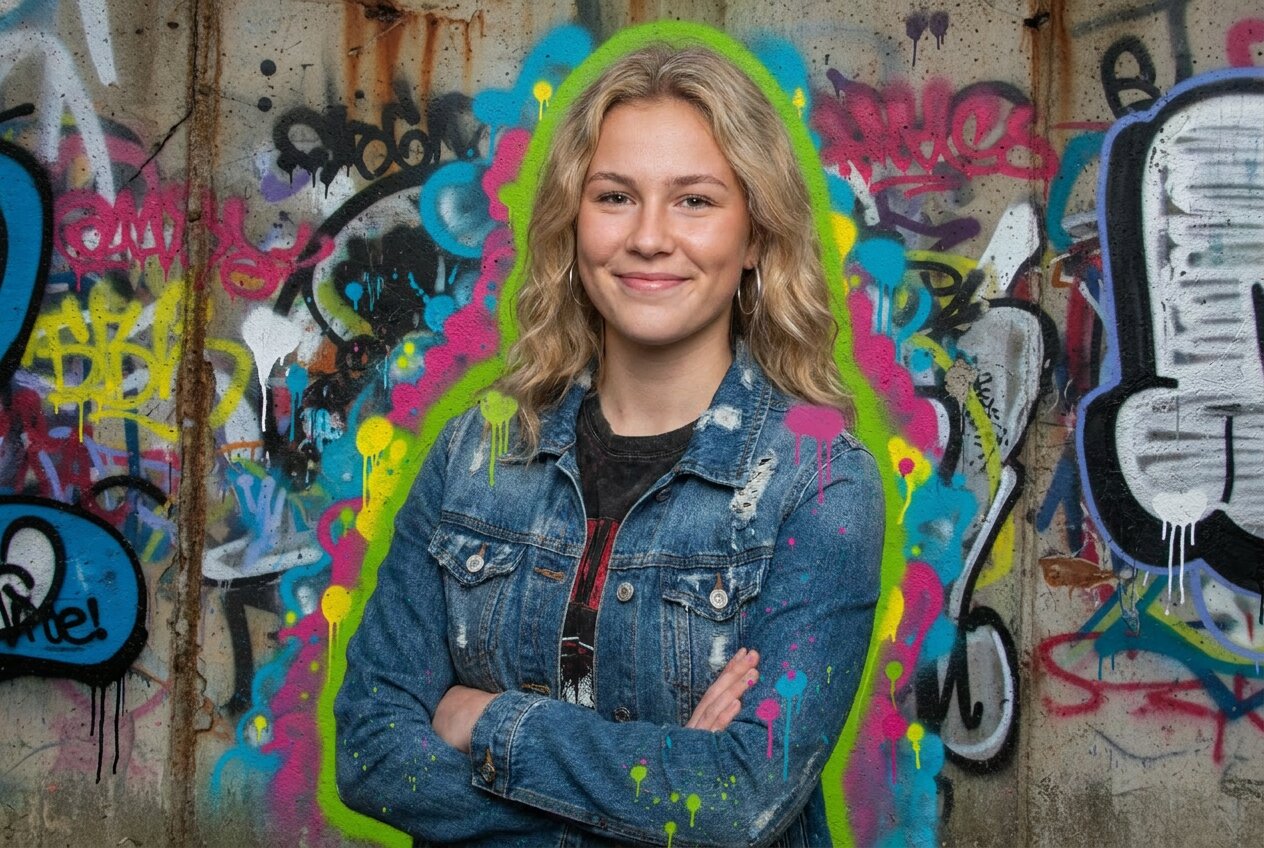 KI Fotobox Chemnitz Graffiti und Neon Effekt Urbaner Style: Eine junge Frau, kreativ eingerahmt von leuchtendem Neon-Licht und einem auffälligen digitalen Graffiti-Hintergrund.