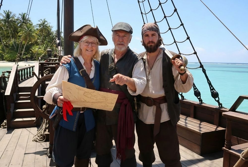 KI Fotobox Chemnitz Piraten Funktion Karibik-Flair pur: Ein lächelndes Paar im detailreichen Piraten-Outfit an einem tropischen Strand, kreiert mit der KI Fotobox Chemnitz.