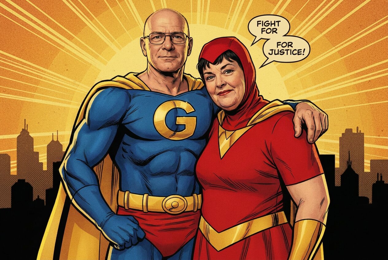 Ein älteres Paar das durch die KI Fotobox Chemnitz in Comic Superhelden verwandelt wurde vor einer stilisierten Skyline