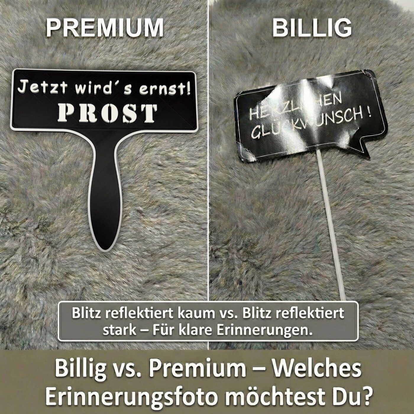Vergleichsbild zwischen einem matten reflexionsfreien Premium Schild und einem glänzenden verknickten billigen Papierschild
