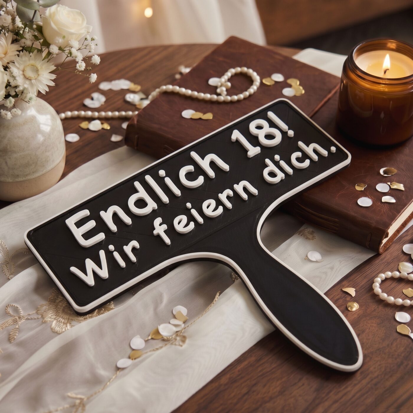 3D gedrucktes Fotobox Schild mit dem Text Endlich 18 Wir feiern dich liegend auf festlicher Dekoration