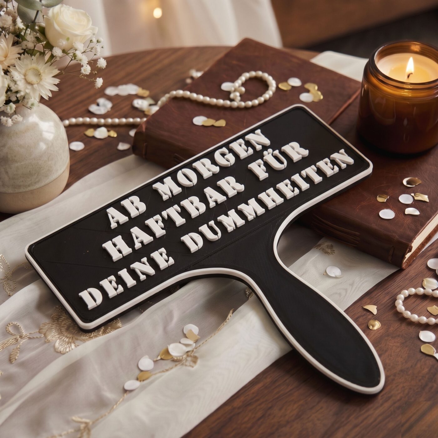 Fotobox Schild mit der Aufschrift Ab morgen haftbar für deine Dummheiten auf einem Tisch präsentiert