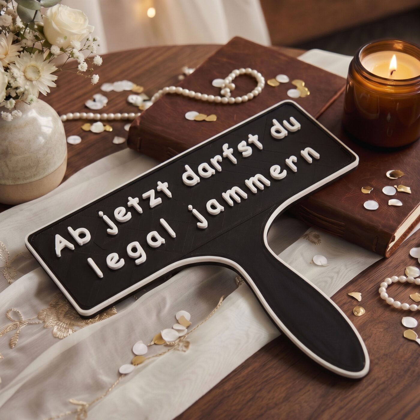 Schwarzes Fotobox Schild mit weißer Aufschrift Ab jetzt darfst du legal jammern auf einem Holztisch dekoriert