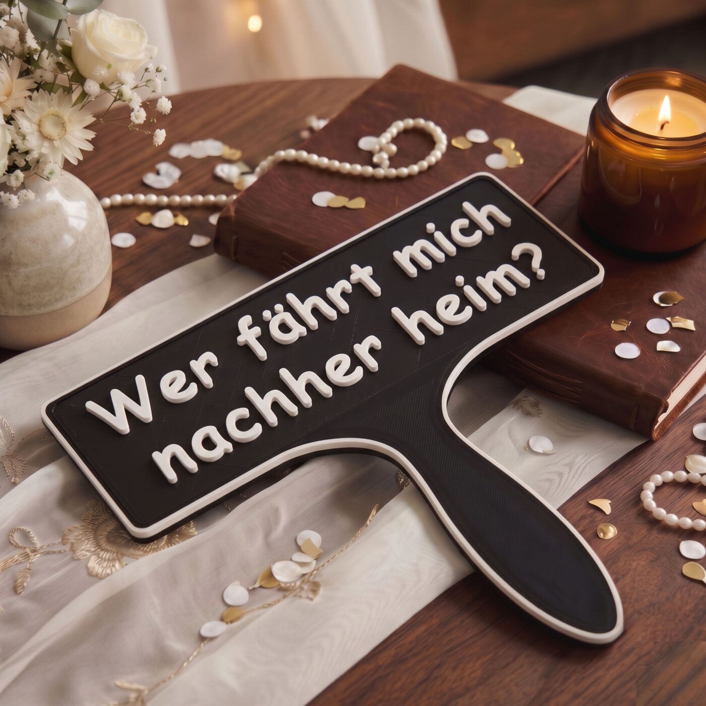 Fotobox Schild mit dem Text Wer fährt mich nachher heim dekoriert mit einer Kerze und Perlen