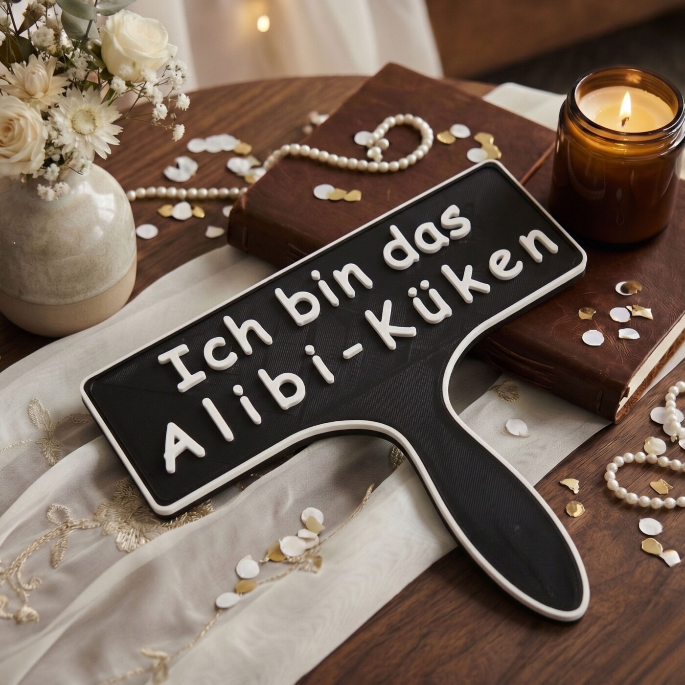 3D gedrucktes Schild mit dem Spruch Ich bin das Alibi-Küken platziert auf festlicher Tischdekoration