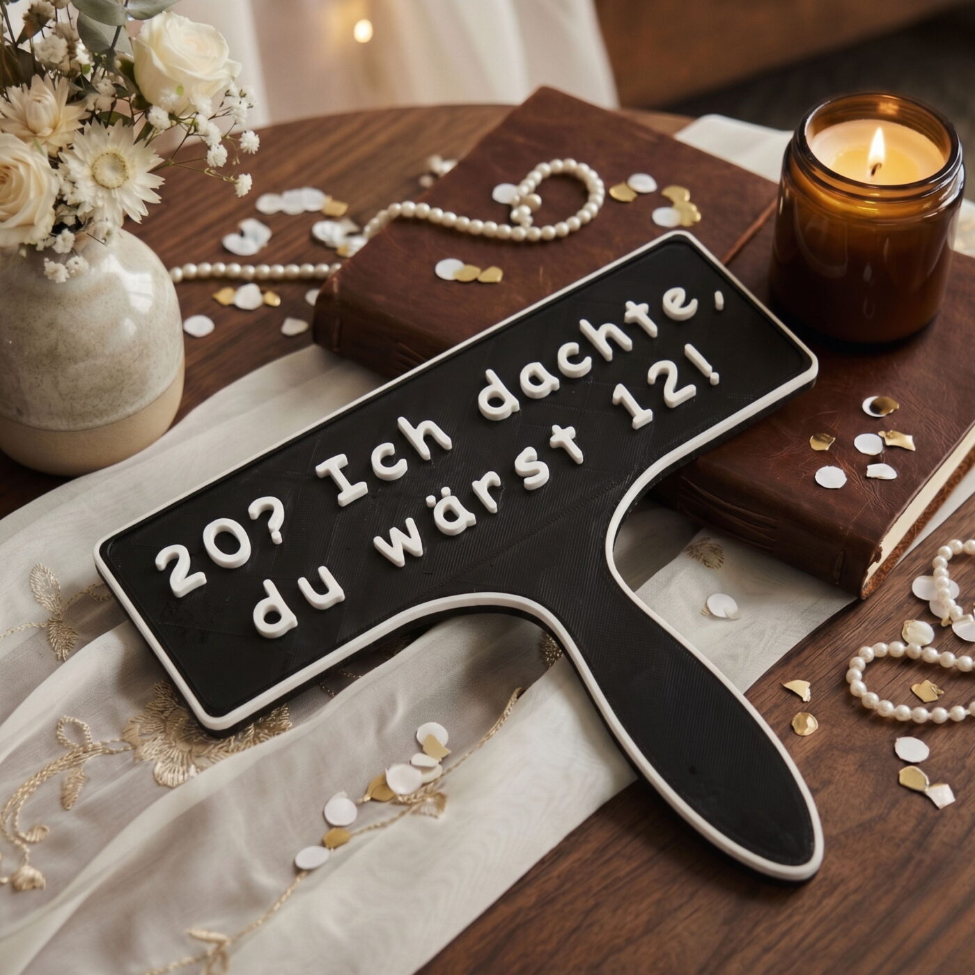 Humorvolles Schild mit Text 20 Ich dachte du wärst 12 umgeben von festlichen Elementen