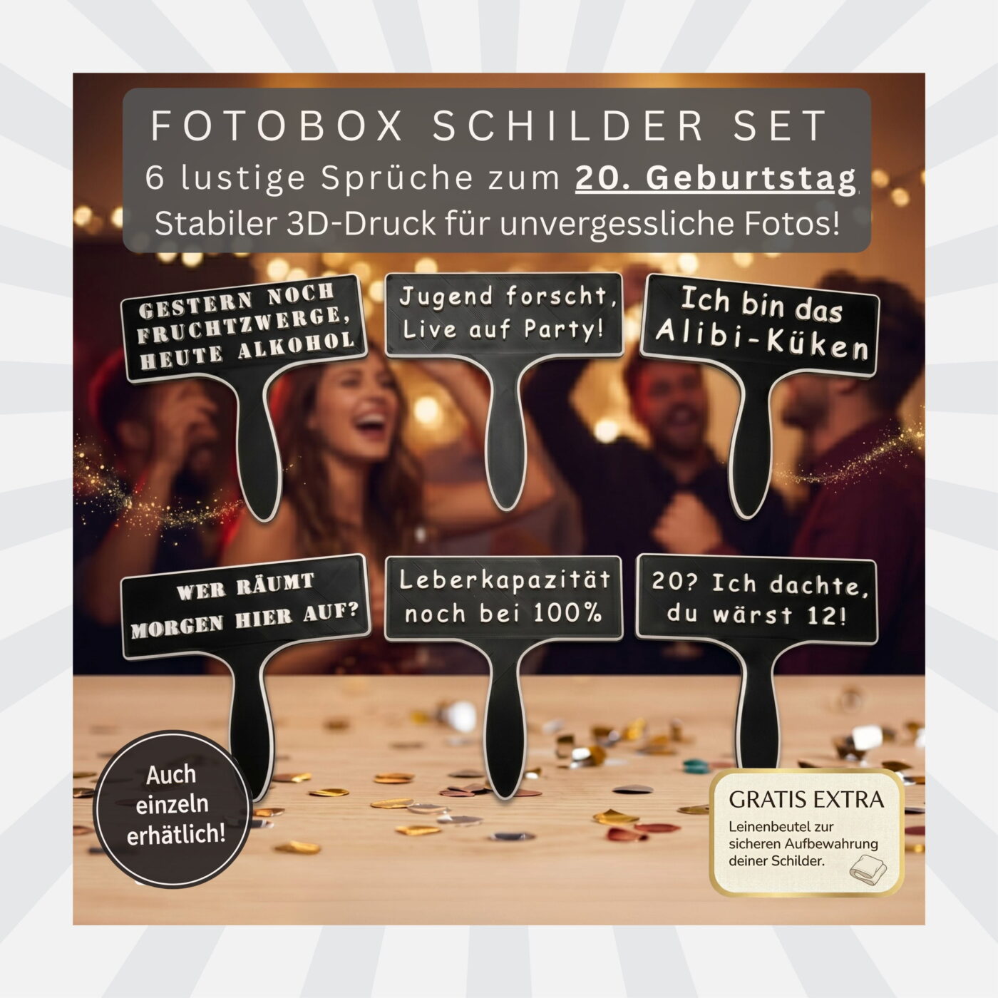 Sechs schwarze Schilder für die Fotobox zum 20 Geburtstag mit weissen Sprüchen vor festlichem Hintergrund