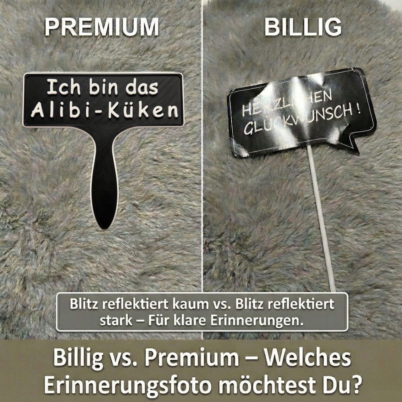 Vergleich zwischen einem reflexionsfreien Premium 3D Druck Schild und einem stark reflektierenden Pappschild