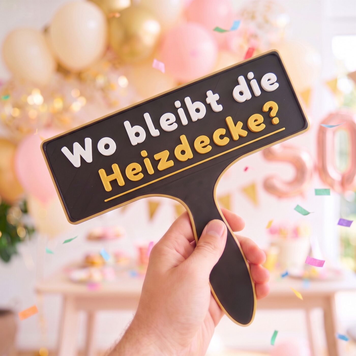 Fotobox Schild mit Aufschrift Wo bleibt die Heizdecke