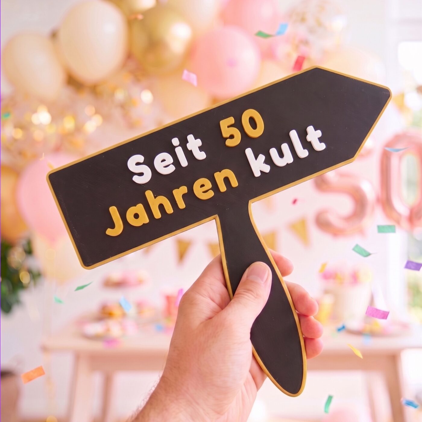Fotobox Schild in Pfeiloptik Seit 50 Jahren kult