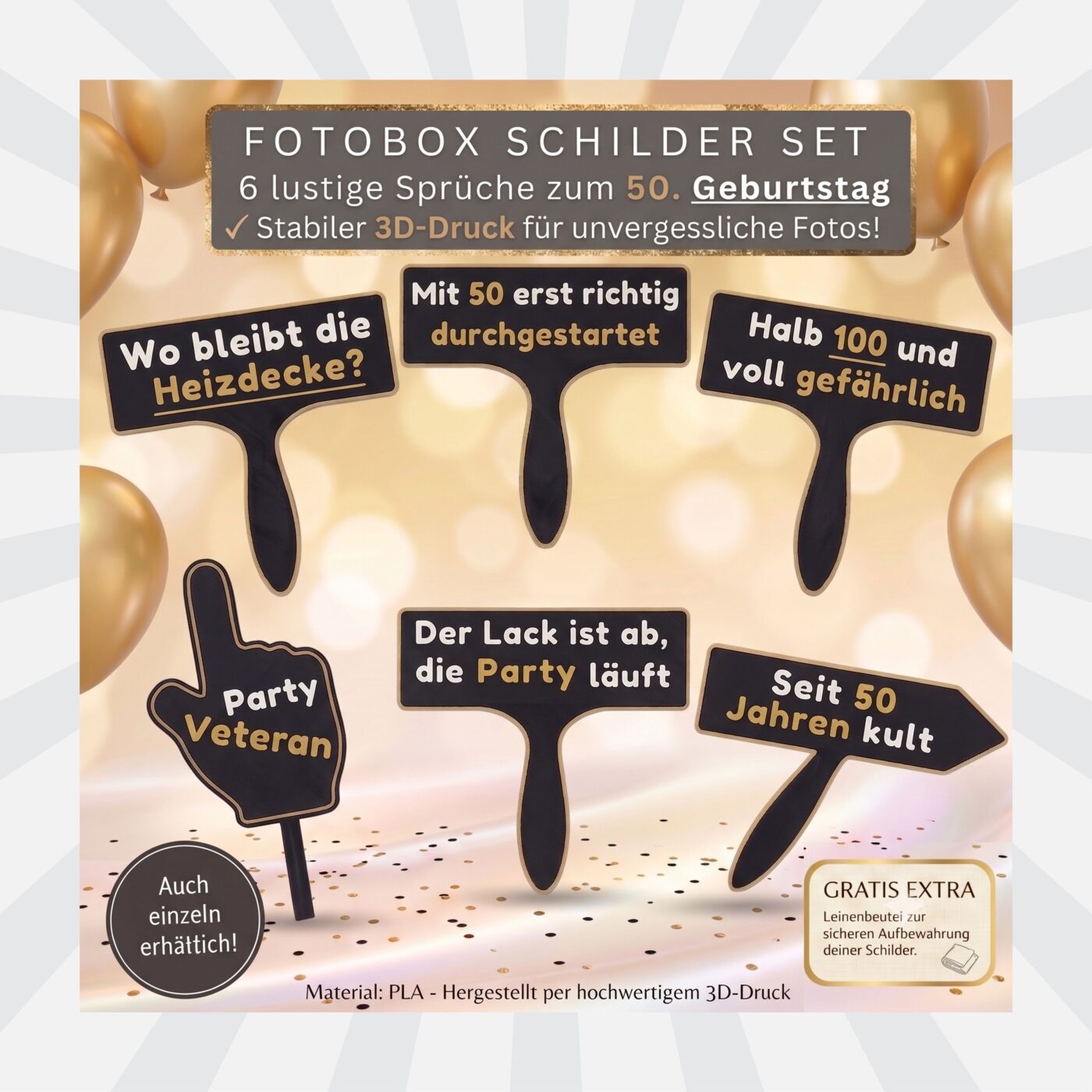 Übersicht des Fotobox Schilder Sets zum 50. Geburtstag