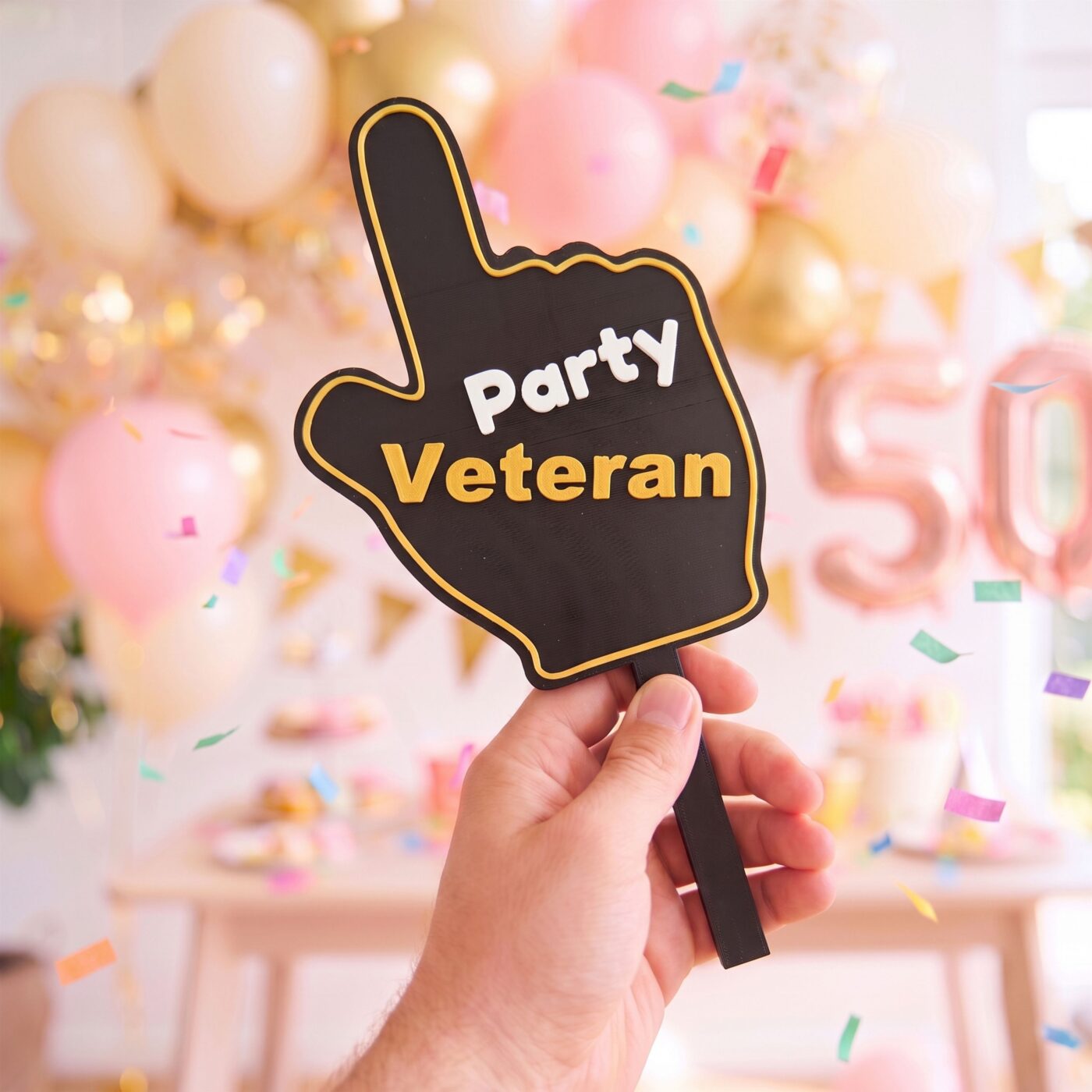 Fotobox Schild Party Veteran in der Hand