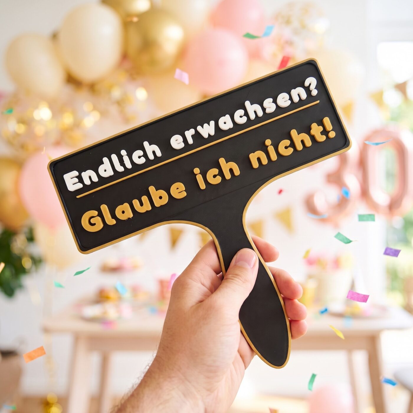 Person haelt das Fotobox Schild Endlich erwachsen Glaube ich nicht in die Kamera